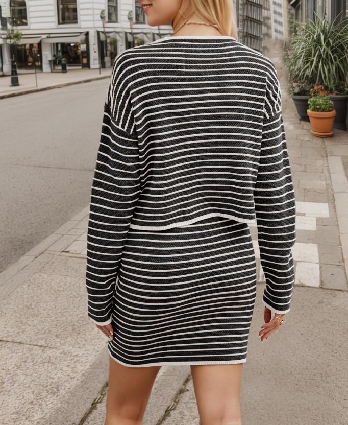 Image of Sumleno Womens 2 Piece Striped Sweater Skirt Sets Trendy Button Down Long Sleeve Knit Cardigan Tops Bodycon Mini Skirt Set