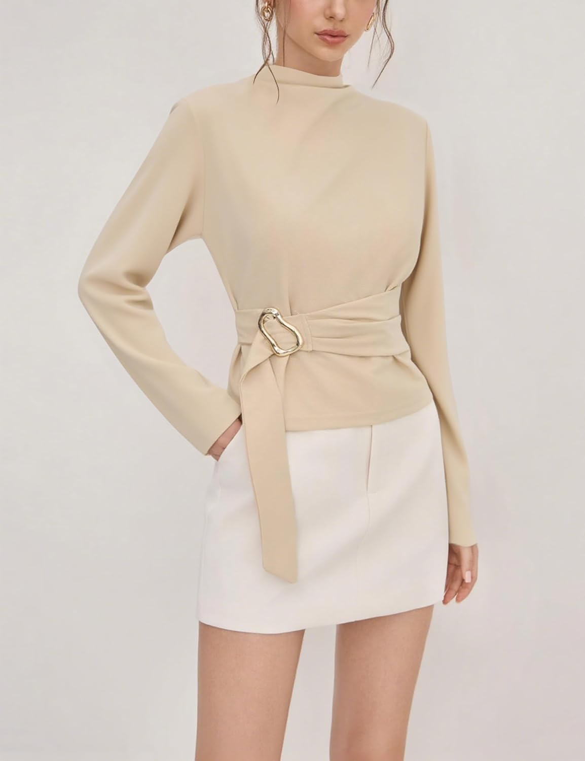 Elegant Tops for Women Buckle Tie Top Stand Collar Belted Long Sleeve Casual Blouse 2025 Tie Waist Shirt Tops
