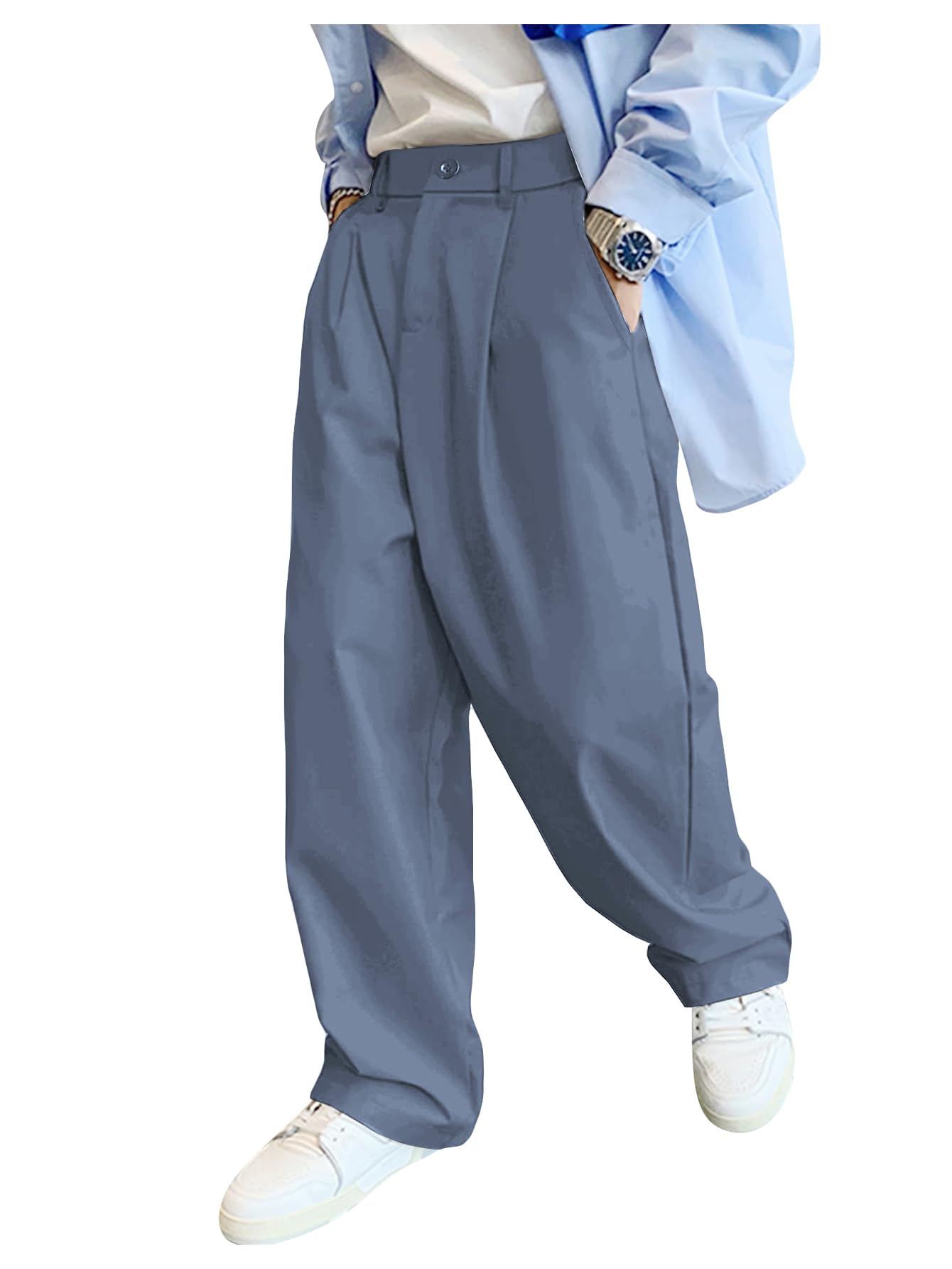 Photo 1 of Verdusa Men's Slacks Wide Leg Baggy Dress Pants Casual Lightweight Trousers with Pockets Dusty Blue Medium