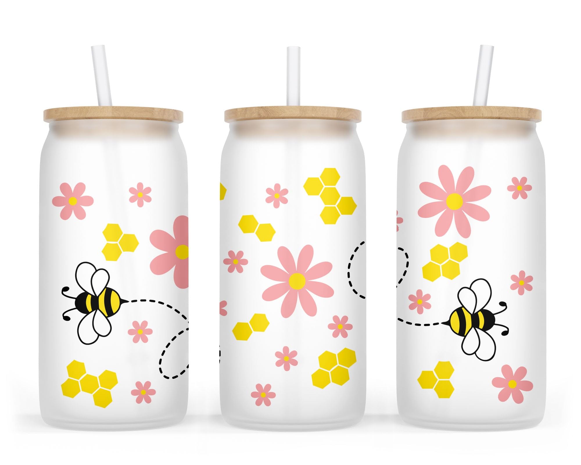 Bee Gifts Glass Cup - Bee And Flower - Bee Gifts For Women - Bee Lover Gift - Bee Glass Tumbler With Lid And Straw - Bee Cup - Bee Keepers Gift - 16Oz