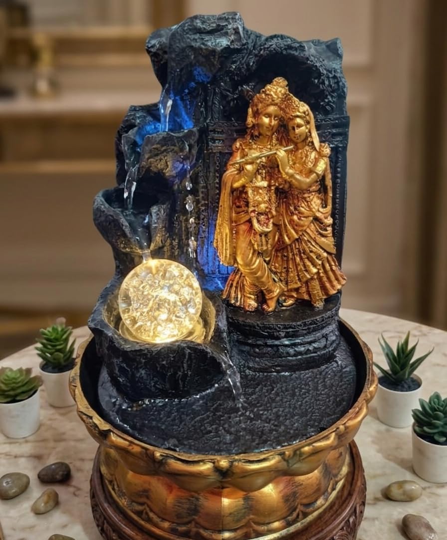Radha Krishna Water Fountain with LED Crystal Ball Indoor Waterfall Showpiece - 11 Inch-image-33