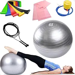 Bola de Pilates Suiça 65cm com bomba Yoga Ginastica + 6 Elasticos + Corda de Pular