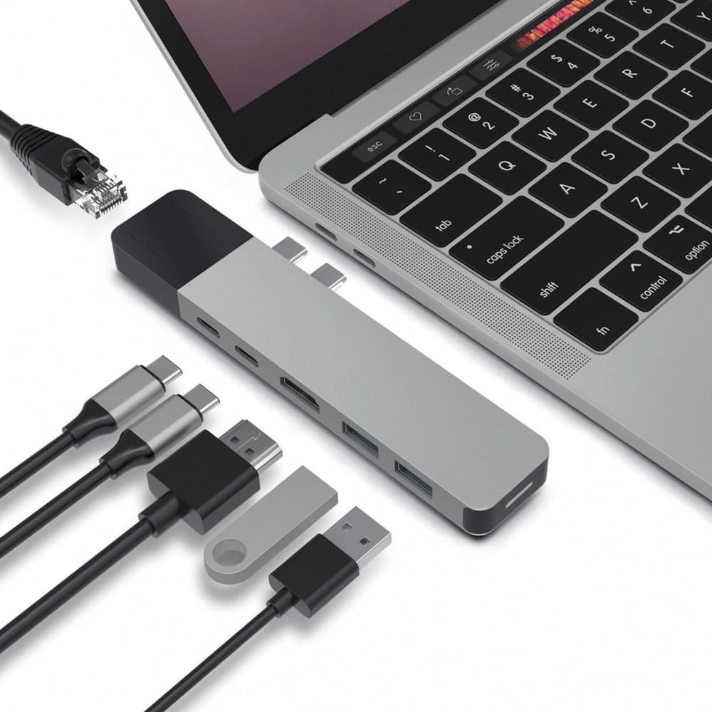 HyperDrive Hub USB-C, 6-in-2 Adattatore Duo in Alluminio con Gigabit Ethernet, Alimentatore da 100W, 40 Gbit/s USBC, 2 USB-A 3.0, 4K-HDMI, Adattatore Thunderbolt 3 per MacBook Pro 2020 2019, Grigio