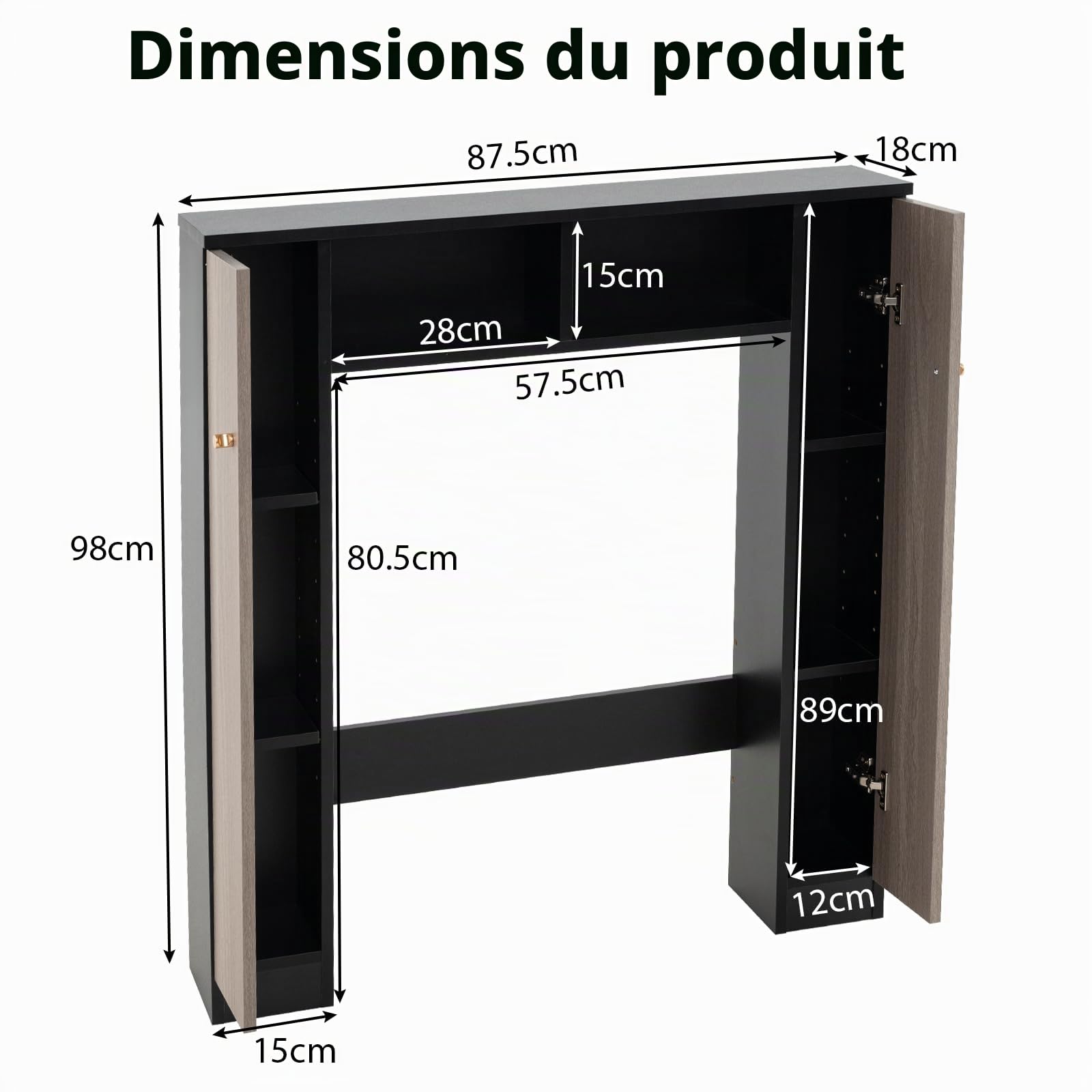 LIFEZEAL Meuble de Salle de Bain sur WC, Étagère sur WC avec 2 Compartiments Ouverts, Meuble pour Machine à Laver en Bois, 87,5 x 18 x 98 cm, Stable et Moderne (Noir)