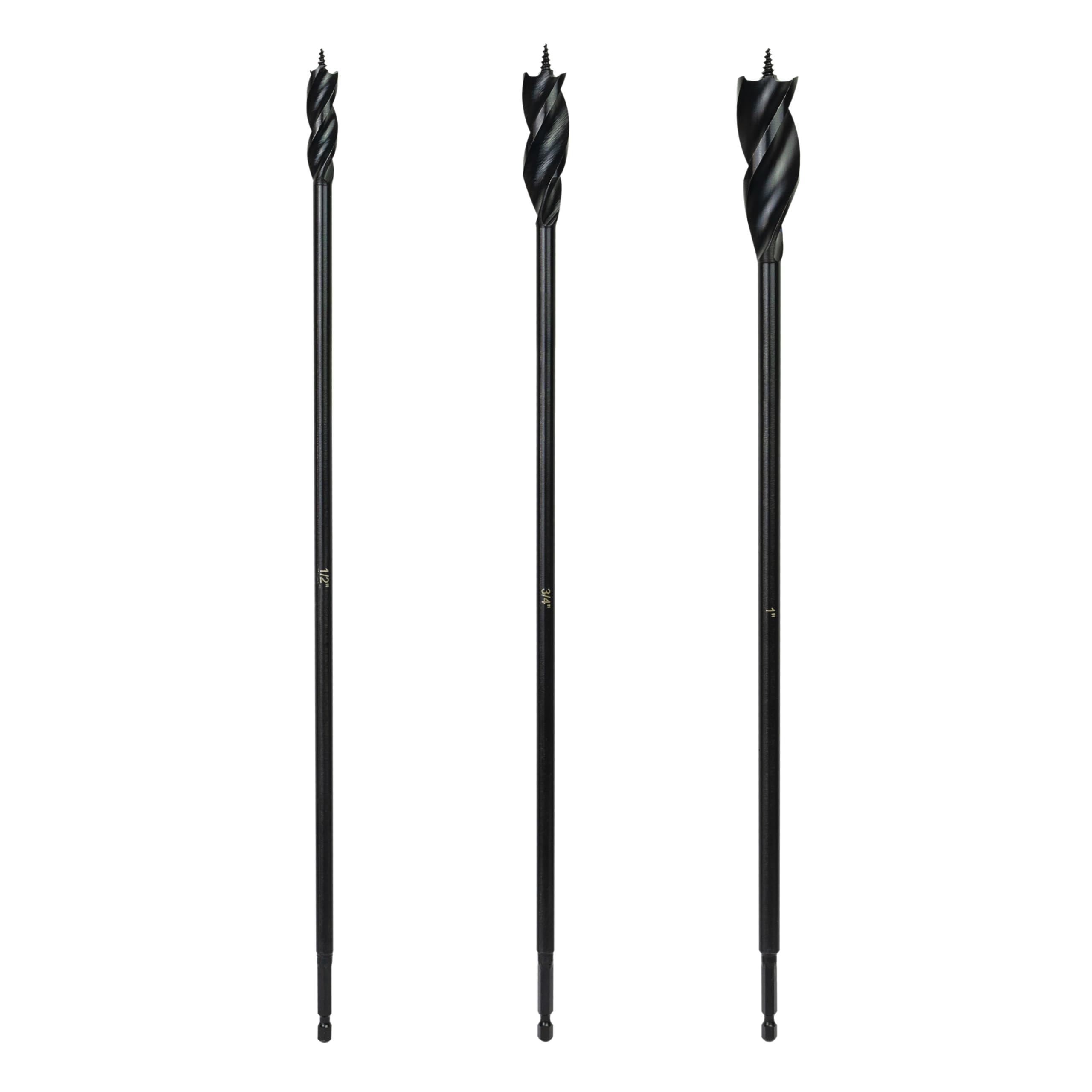 Greycore Tools 3-Piece 16 Inch 3-Flute Auger Bit, Wood Drill Bit for Hard and Soft Wood, 1/4” Quick Change Shank, Woodworking Auger Bits (16” Set 1/2”