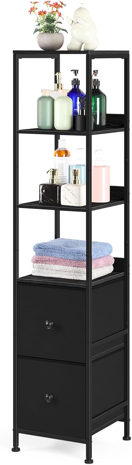 tall bathroom storage cabinet, 55.9'' slim bathroom floor cabinet with fabric drawers for small spaces, narrow storage cabinet shelves bathroom organizer towel rack for living room, kitchen, black