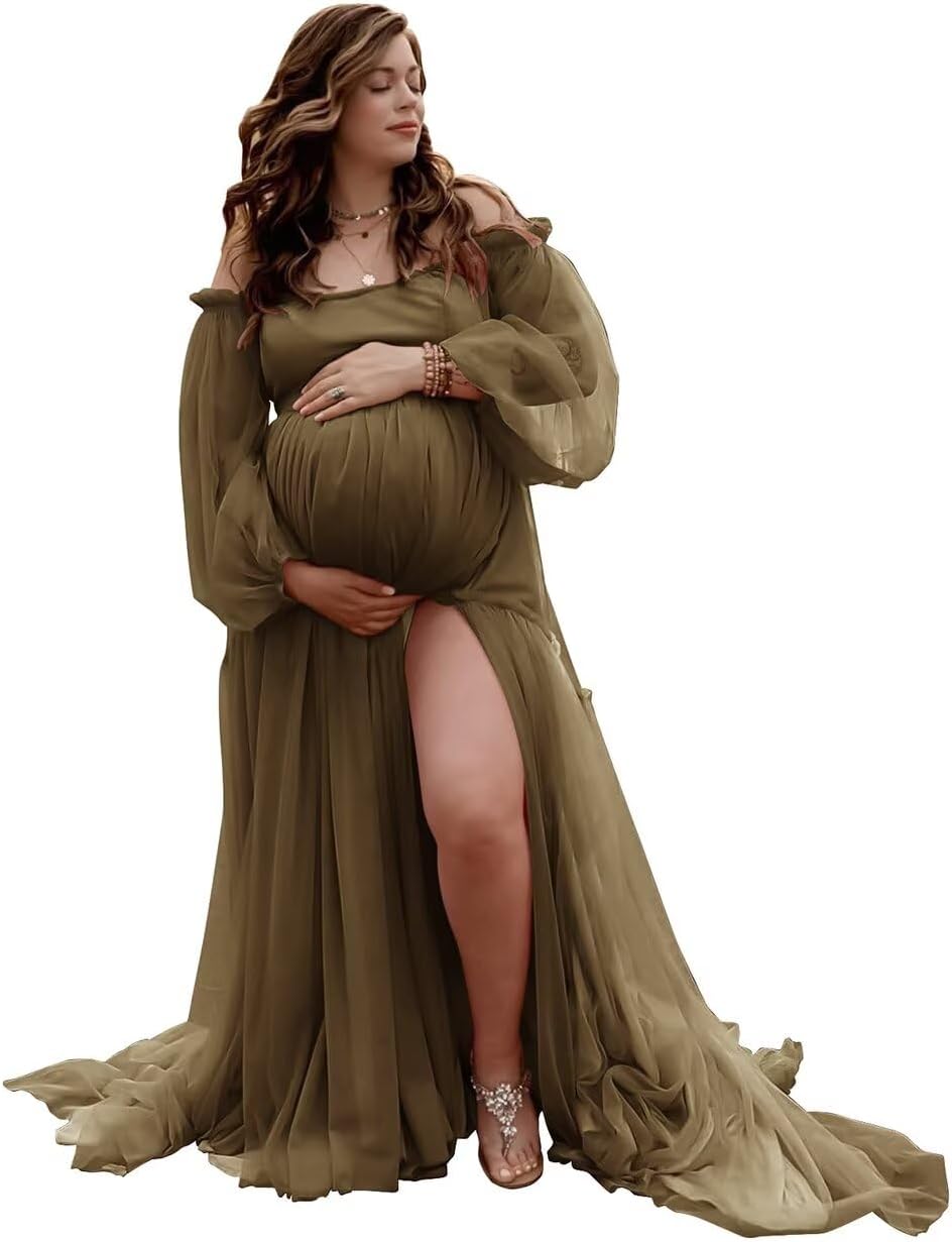 Verngo Tulle Maternity Dress for Photoshoot Long Sleeve Off Shoulder Slit Pregnancy Gown Baby Shower Dresses