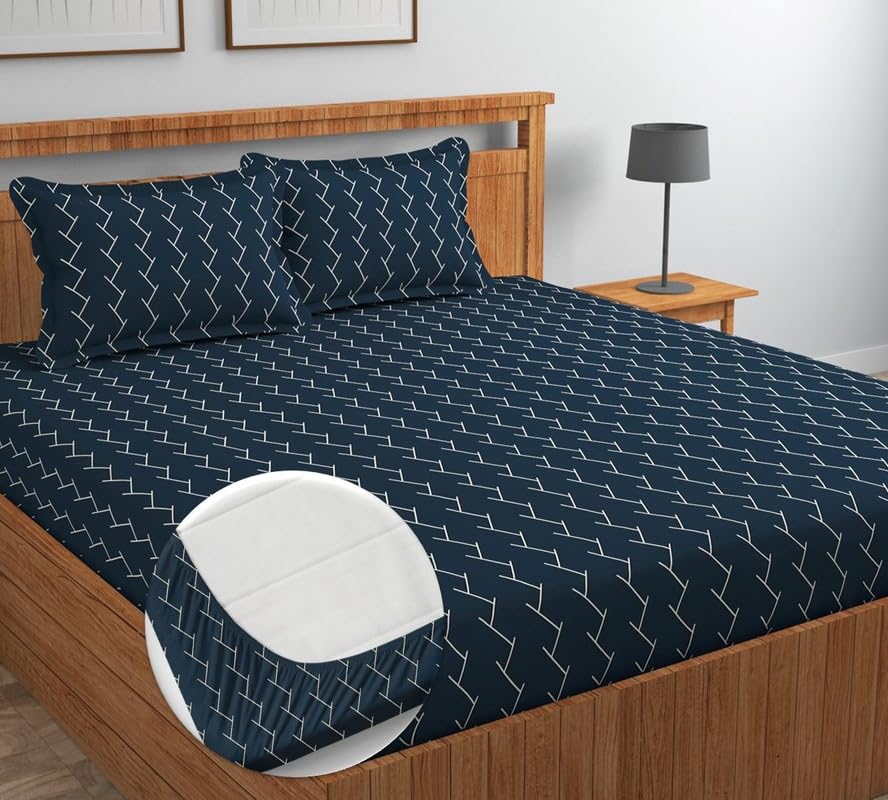 NEW LEAF Pure Cotton All Round Elastic Fitted Bedsheets for Double Bed with 2 King Size Pillow Covers 220 TC Supersoft |Wrinkel Free Bed Cover Size - 72x78+8 inches | Dark Blue-picture-42