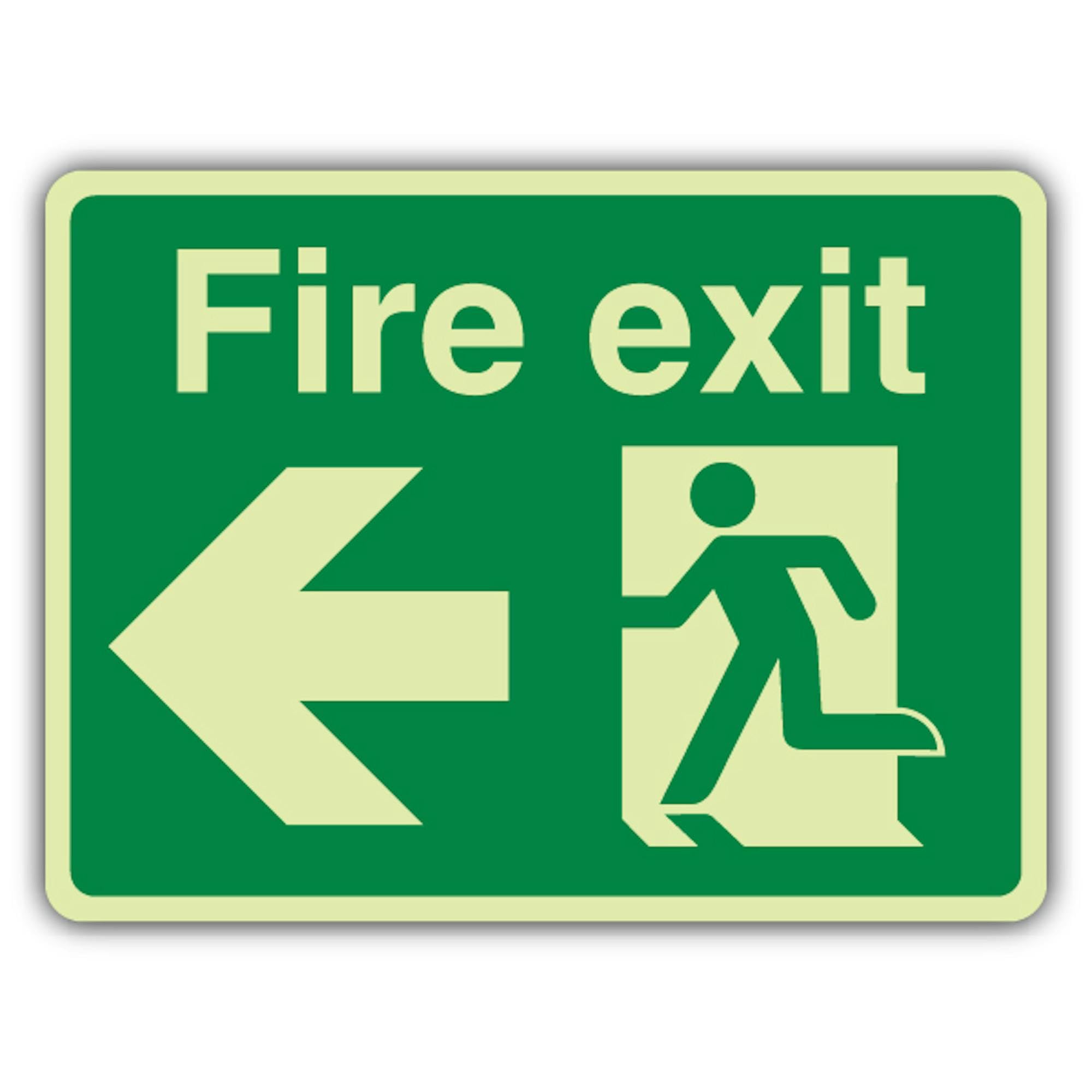 V Safety Glow In The Dark Fire Exit - Señal de seguridad con texto en inglés "Man Running - Left Sign - 600 x 450 mm - Hecho de vinilo autoadhesivo Triple Glow - Señalización de seguridad contra