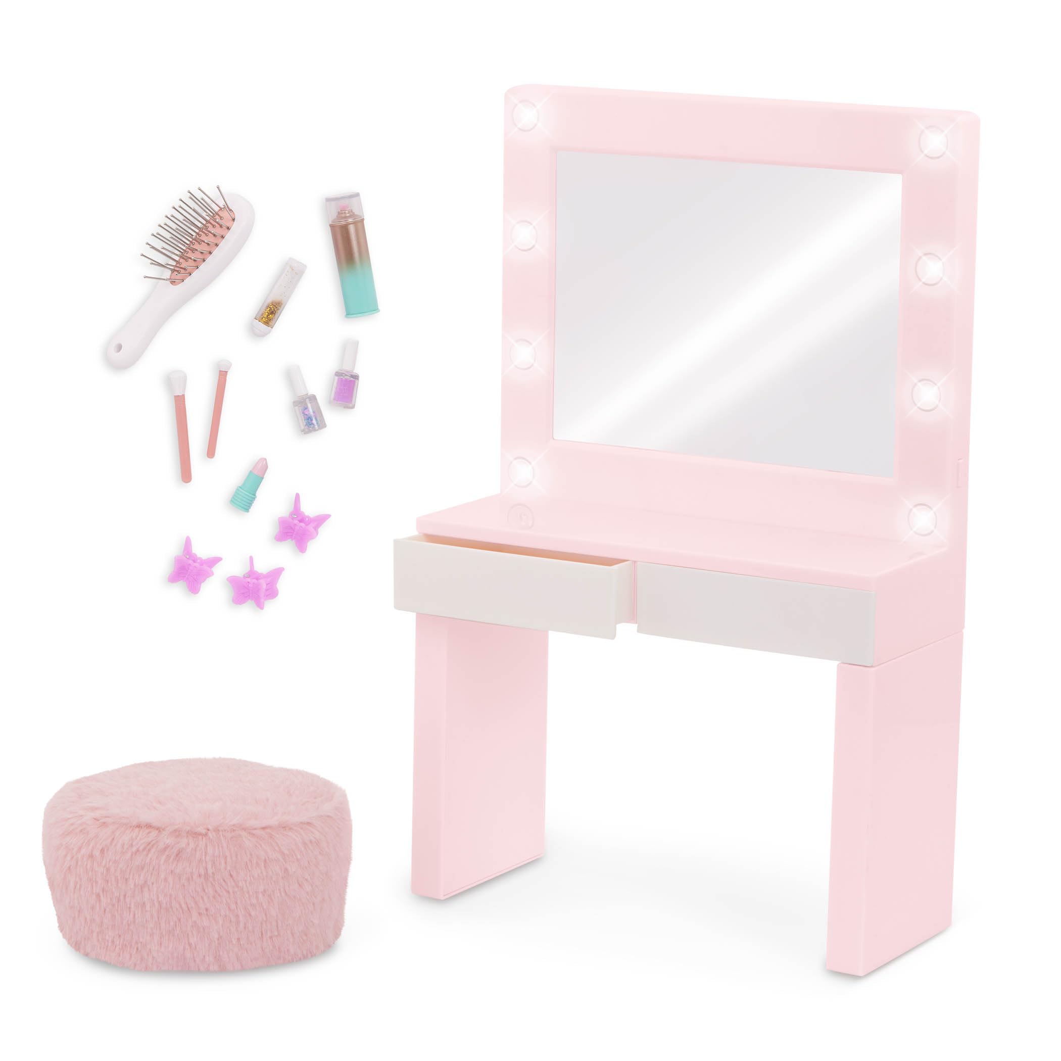 Our Generation Glam & Glow Vanità Playset - Tavolo Rosa con Specchio Luminoso - Giocattolo Trucco Bambini 3+
