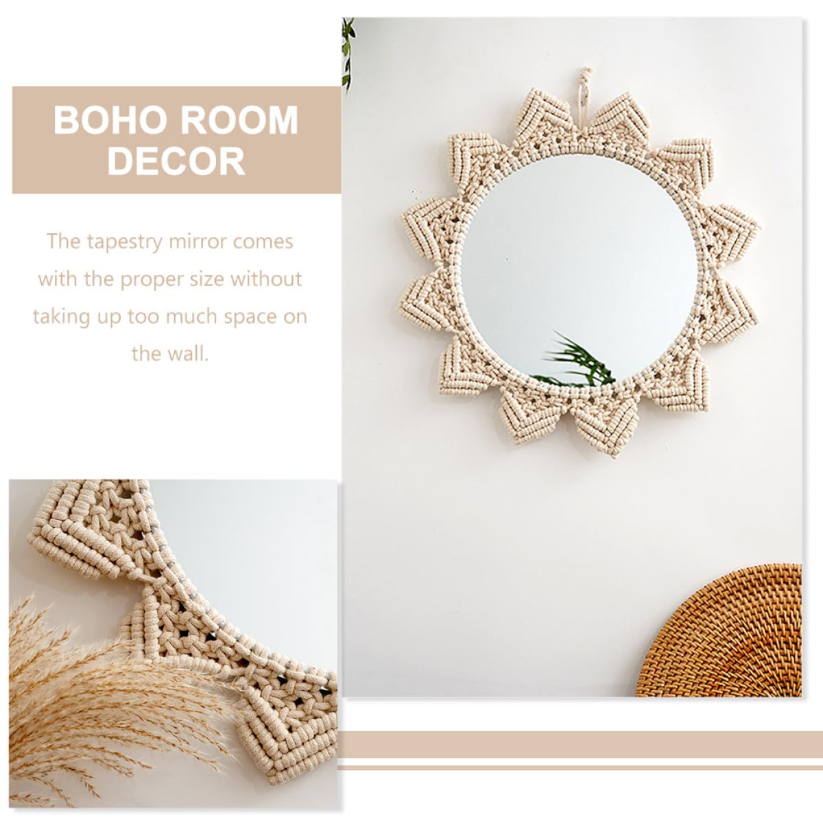 Luxshiny Runder Hängespiegel aus Baumwollseil mit Boho Stil Wanddekoration für Schlafzimmer und Hotel Kreativer Makramee Spiegel zur Wandverschönerung