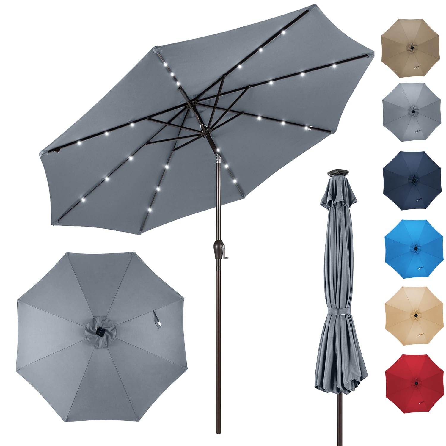 RELAX4LIFE Parasol Inclinable LED 3M à 8 Baleines en Fibre de Verre, Gris