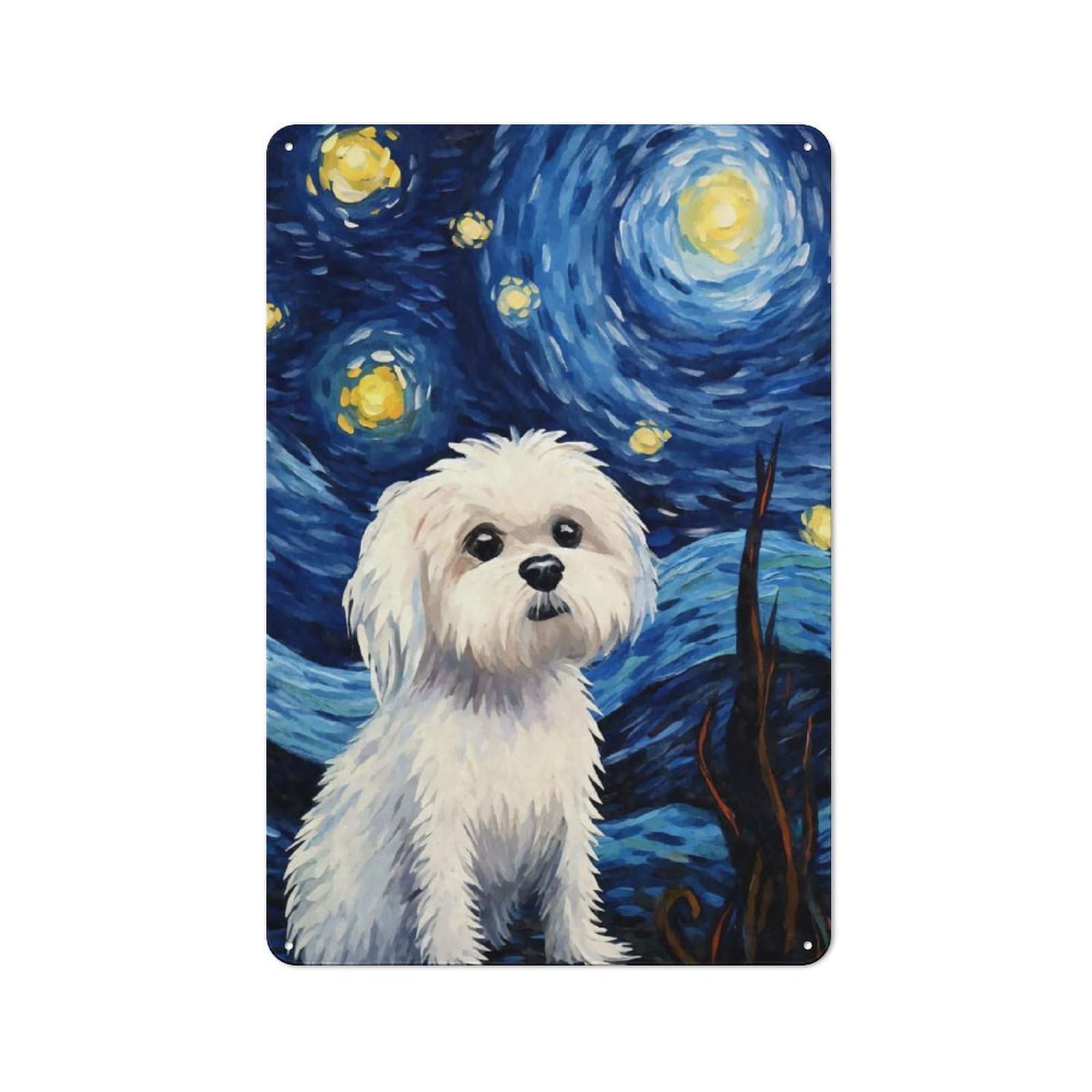 Junmoney Style-6 Maltese Dog Starry Night Rustic Tin Sign 30X20cm For Lounge Or Reading Corner, For Metal Sign Collectors, For Cafés, Pubs And Restaurants