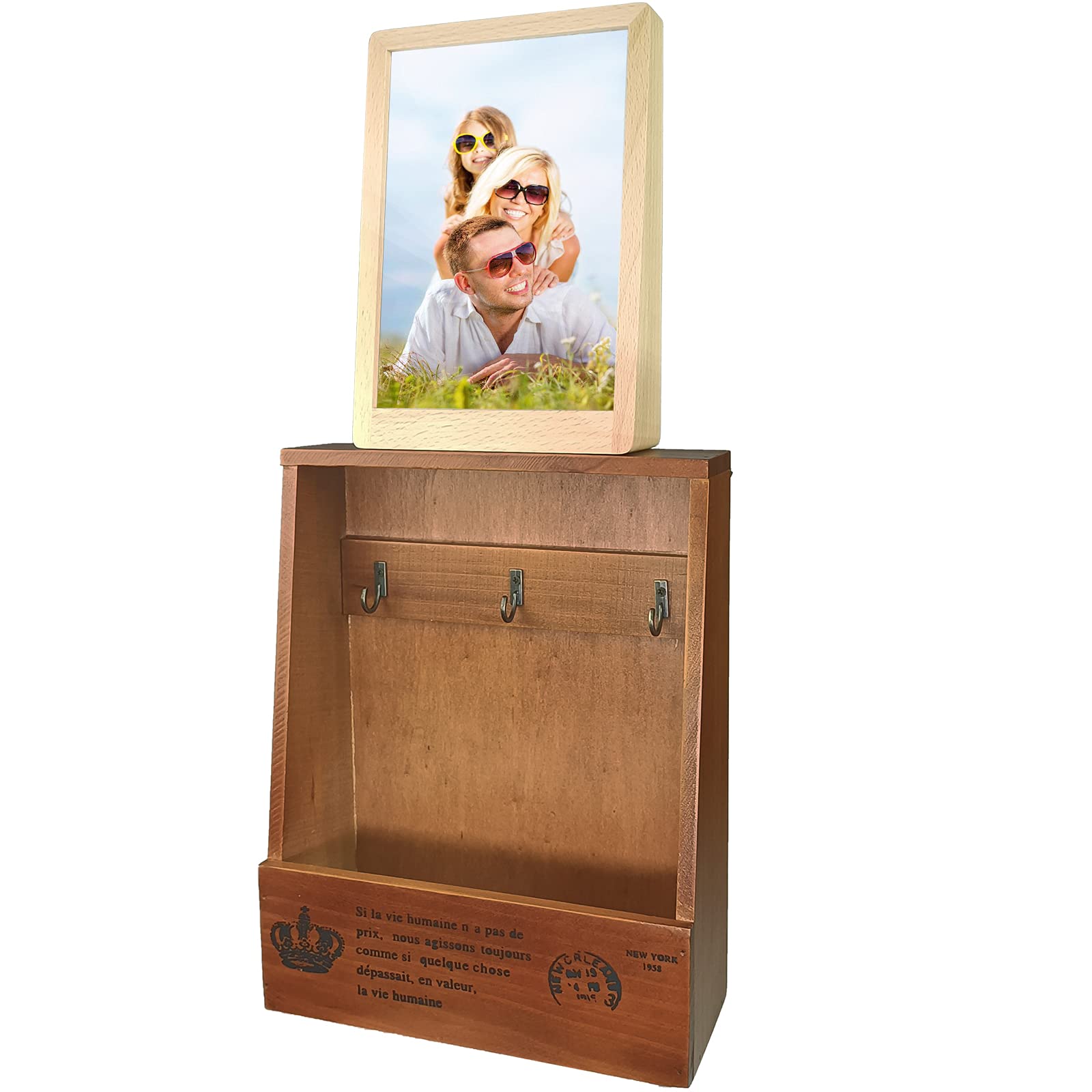 Spotact Wall Mounted Rustic Wood Decor Key Holder with 3 Hooks Rack and Beech Photo Picture Frame 5x7 Inch, Mail Sorter Storage Organizer Shelf for Entryway Hallway Entrance Mudroom (Vertical)