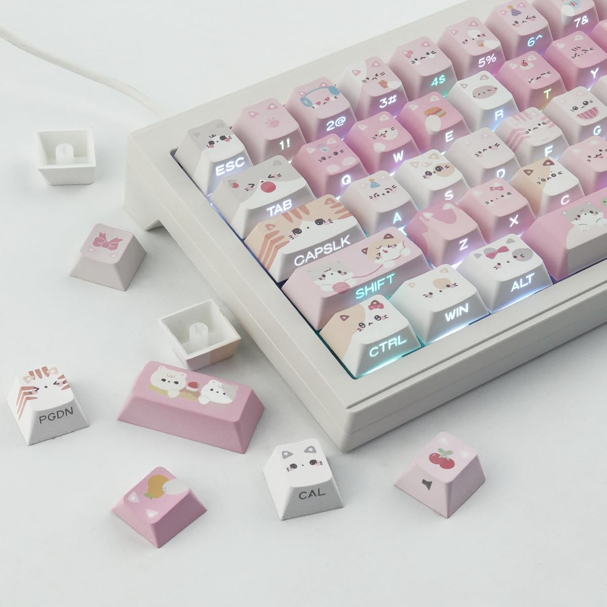 PBT Keycaps - Set di 136 tasti stampati lateralmente, Double Shot Shine Through Meow Meow Squad Custom Cat Keycaps, tasti per tastiera Cherry MX Switch per tastiere meccaniche Cherry MX