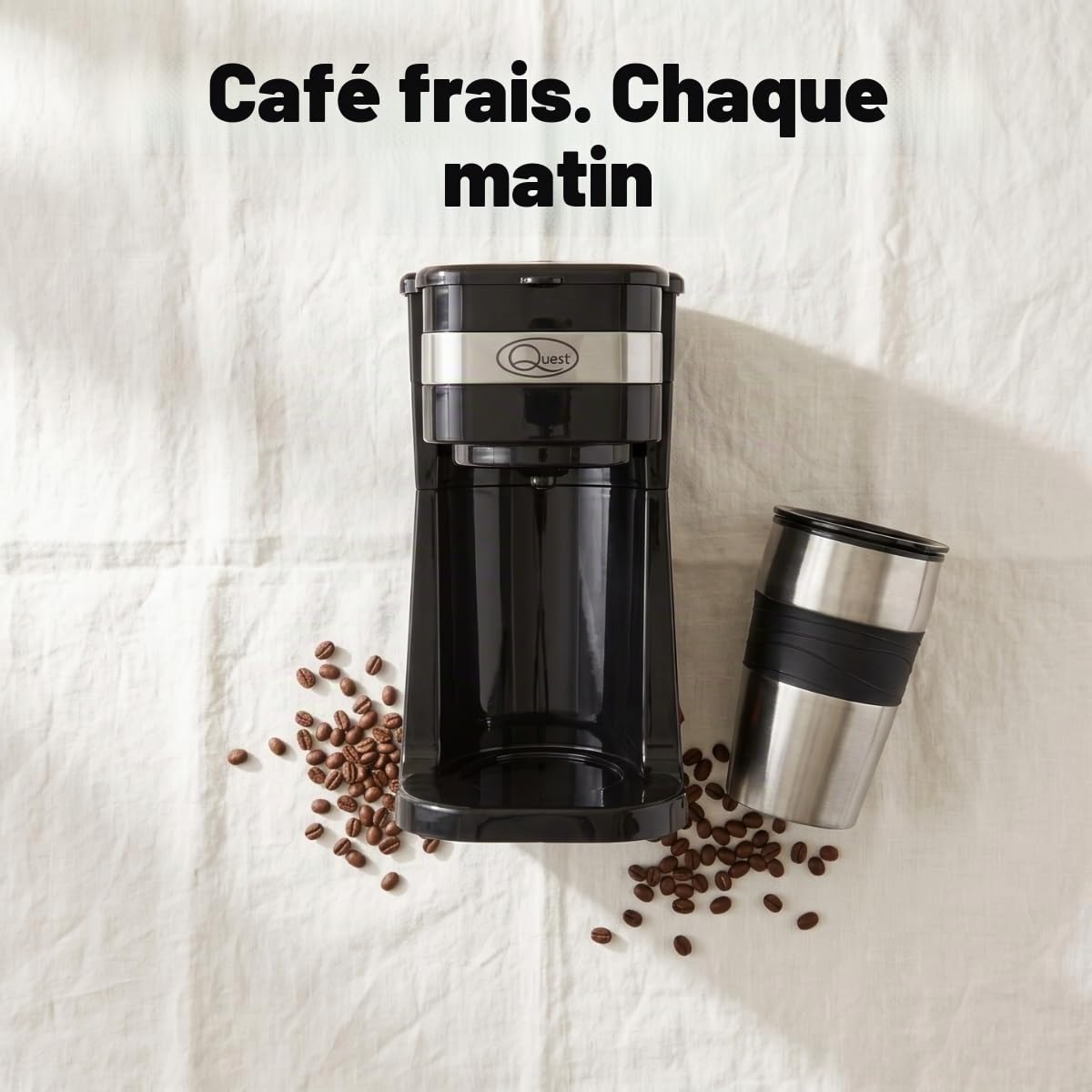 Quest 35189 Machine à café filtrante portable avec filtre de voyage, capacité de 420 ml, tasse de voyage thermique incluse, fonctionne avec les dosettes de café moulu et de café, expresso instantané