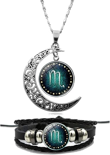 Ailiessy Constellation Necklace Bracelet Set Vintage Crescent Moon Time Gemstone Zodiac Pendant Necklace Zodiac Leather Bracelet for Men Women