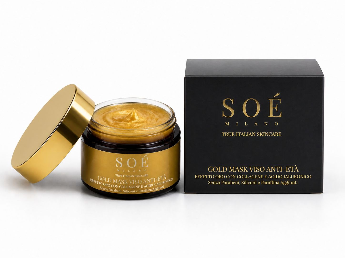 Gold Mask Viso Anti-Età – Maschera Viso con Collagene e Acido Ialuronico – Idratante, Illuminante e Rassodante. Formula pensata per una skincare più consapevole e delicata sulla pelle. Made in Italy