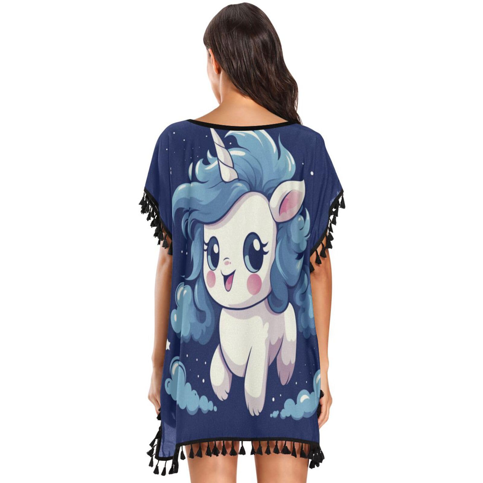 Cartoon Funny Blue Unicorn Women's Beach Cover Up Chiffon Tassel Swimwear Swimsuit Coverups for Girl