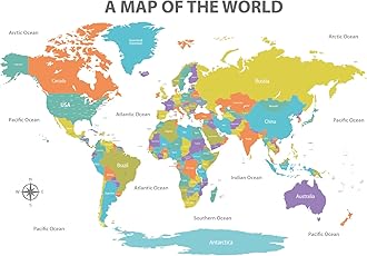 Decowall DL3-2302 Colourful World Map Wall Stickers Educational Wallpaper Decals for Kids DIY Living Room Bedroom Art Home Décor Office Nursery Removable (X-Large)