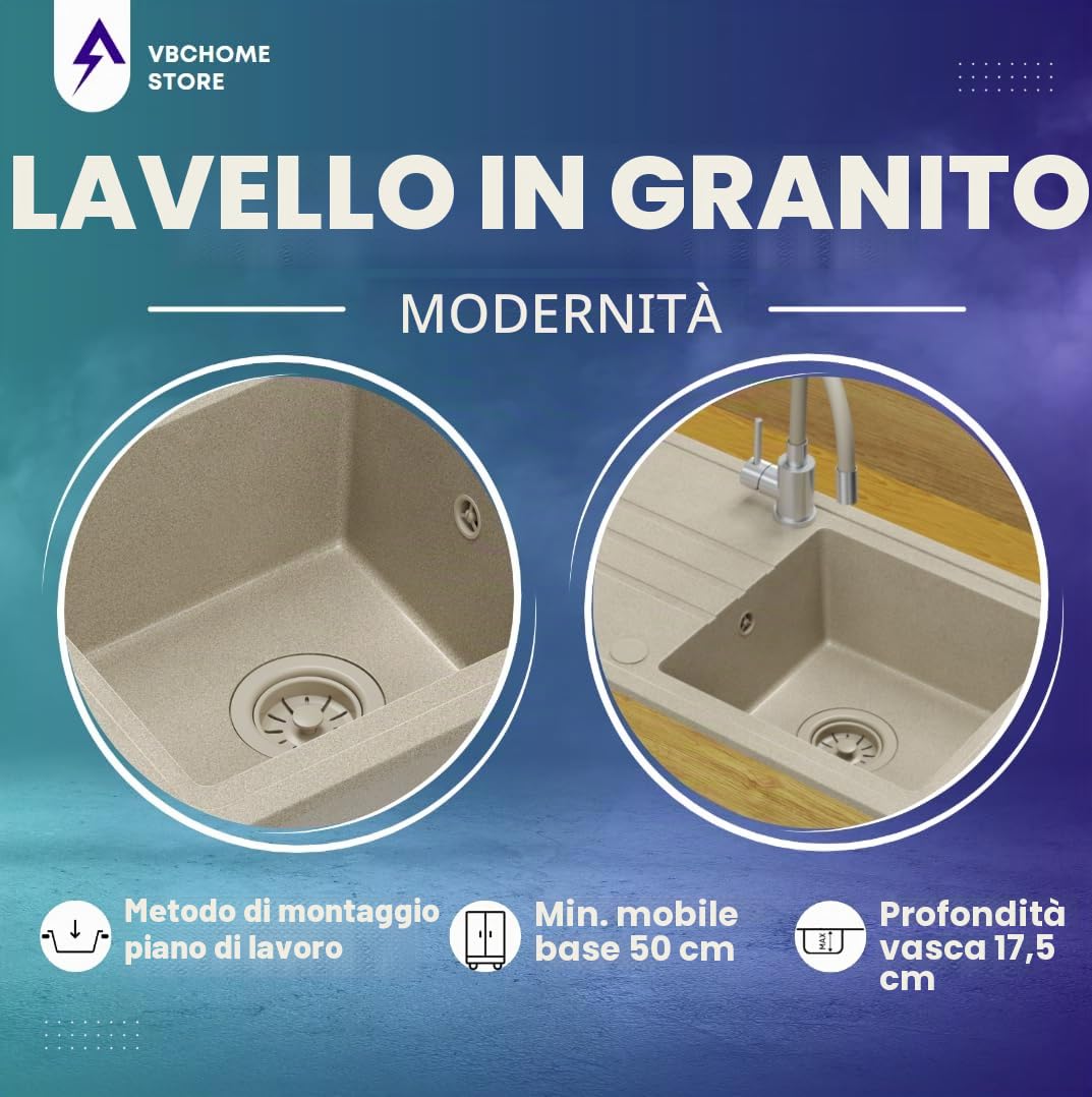 VBChome Lavello da Incasso in Granito Beige 70 x 44 cm – Lavello Singolo Reversibile con Rubinetto e Sifone, Superficie Screziata, per Base da 50 cm