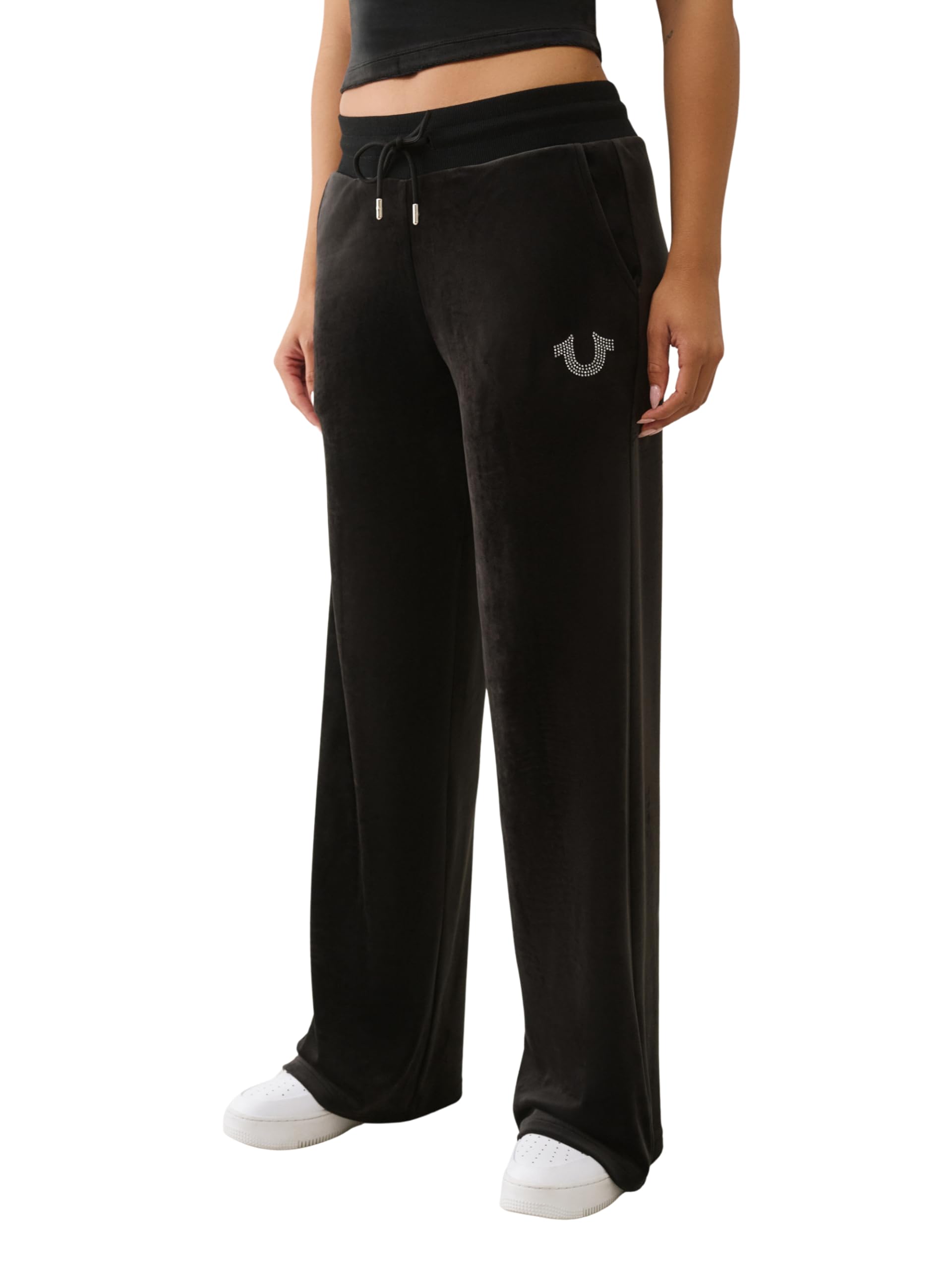 True Religion Women's Crystal Hs Velour Straight Leg, Jet Black, M