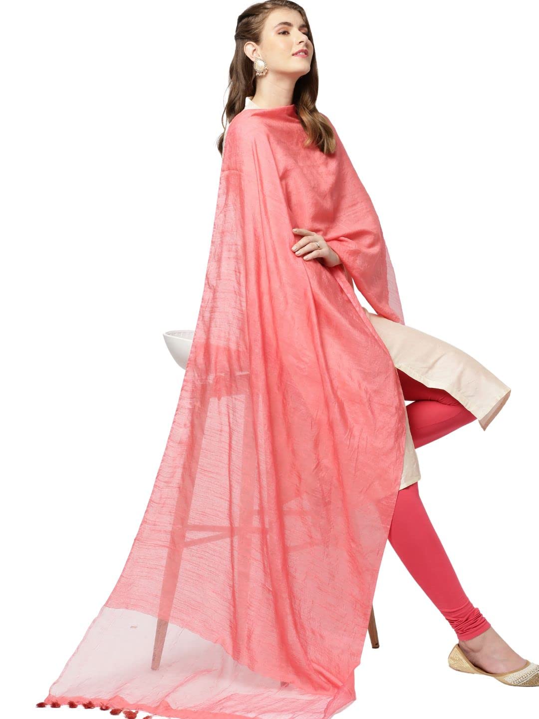 dupatta bazaar Women's Coral Linen Dupatta with Organza Border and Tassels.-picture-22