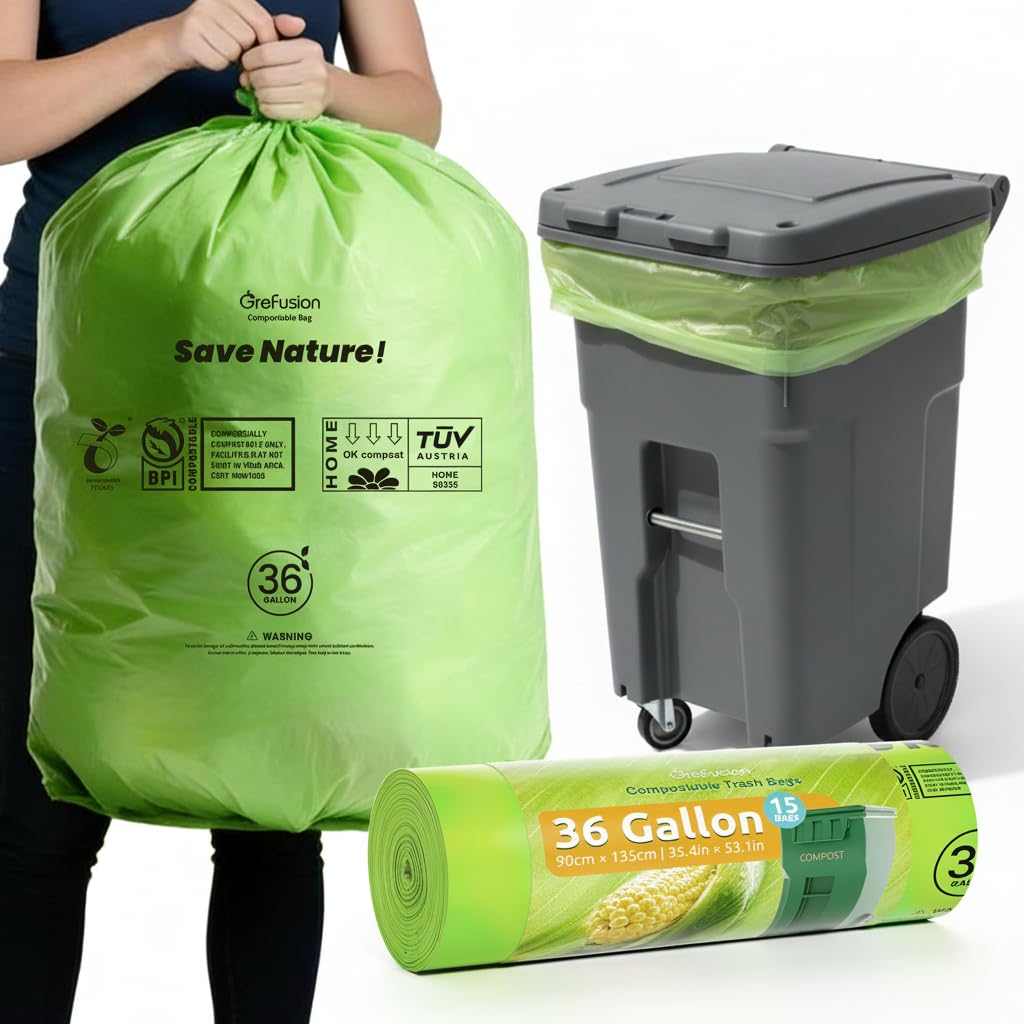 GreFusion Compostable 36 gallon Trash Bags, Extra Thick 1.28 Mills, Compost 36 Gal Trash Bags (Kitchen Tall Garbage Bags), Compostable Lawn &amp; Leaf Yard Waste bags,ASTM D6400,Bpi Certified