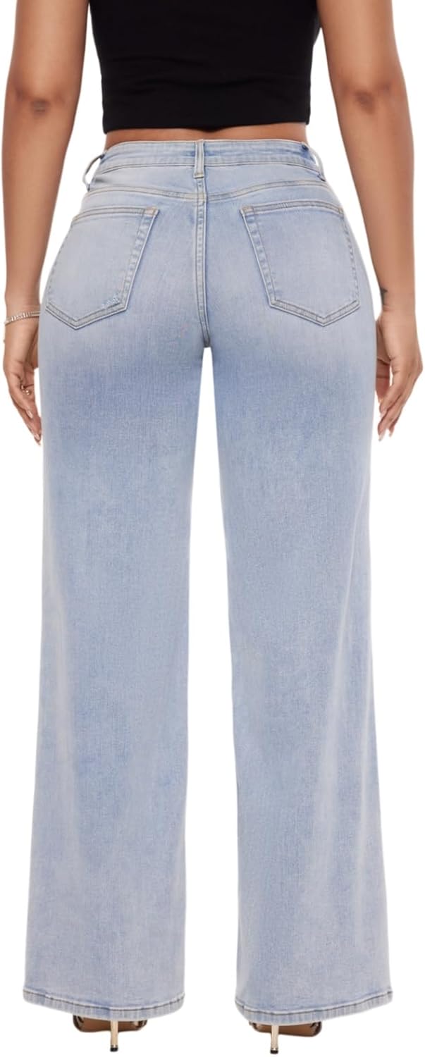 ONESO Mid-Low Rise Baggy Jeans Wide Leg for Women Distressed Pants Stretchy Bottom Lady Basic Comfortable Denim