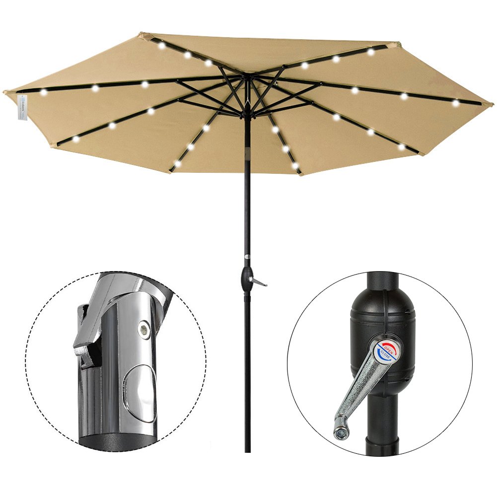 Amazon Com Four Clover 9 Deluxe Outdoor Solar Powered 24 Led Lighted Patio Umbrella With Crank And Tilt Adjustment Beige Garden Outdoor