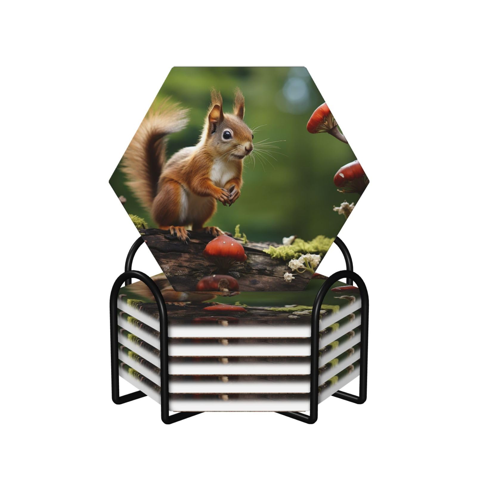 6Pcs Ceramics Coaster for Drinks, Red Squirrel on Small Green ​Hill Cup Coasters with Holder, Aesthetic Drink Coasters for Coffee Table, Absorbent Round Coaster for Tabletop Protection 4" Cup Mat Pad