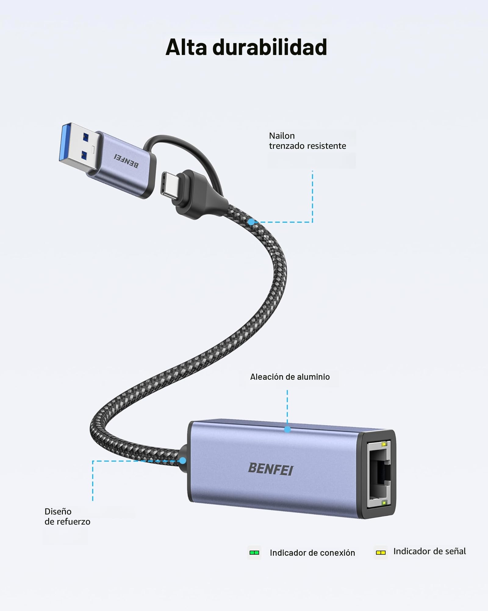 BENFEI Adaptador USB 3.0 a Ethernet RJ45 10/100/1000 Gigabit Ethernet LAN Compatible con MacBook, Surface Pro, PC portátil con Windows7/8/10, XP, Vista, Mac[Caja de Aluminio y Cable de Nailon]