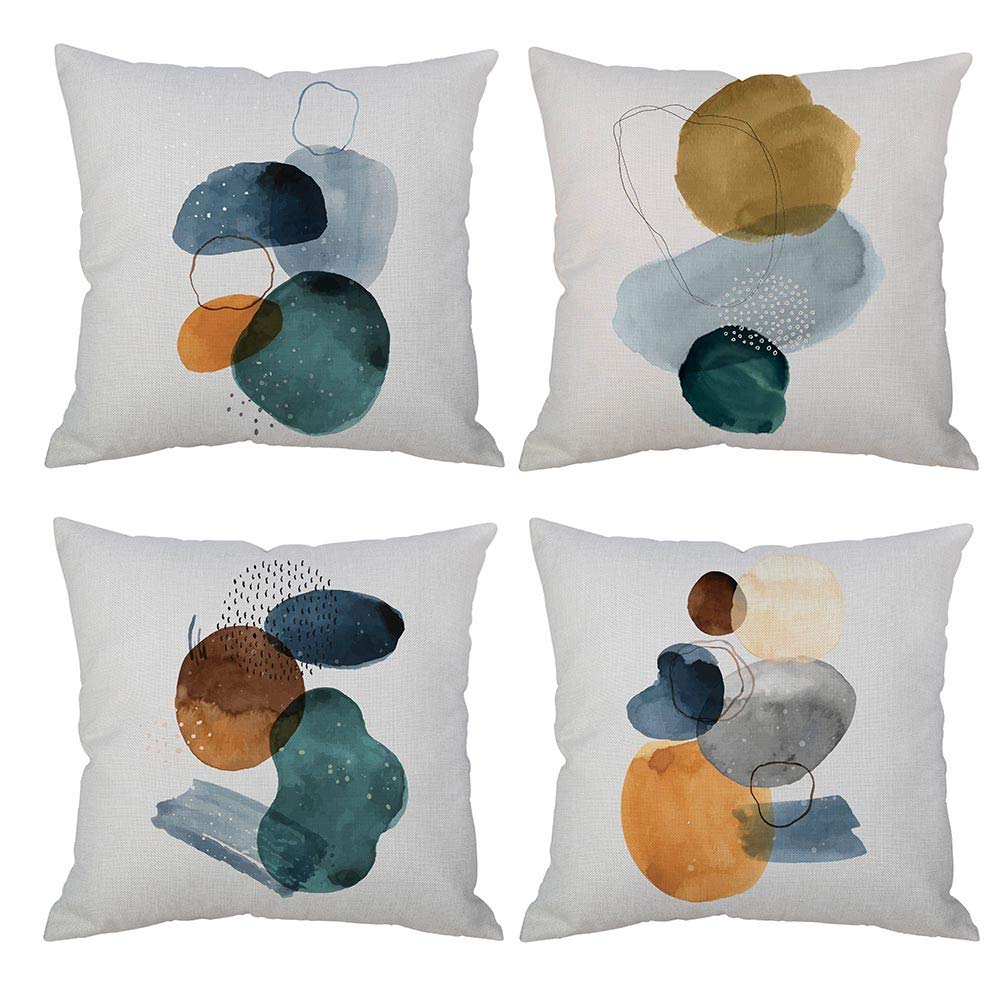 Set of 4 Throw Pillow Covers Modern Abstract Painting Art Emerald Green Navy Blue Brown Watercolor Graffiti 18x18 Decorative Cushion Cover Home Decor Spring Fall Hidden Zipper Pillow Case Sofa Couch