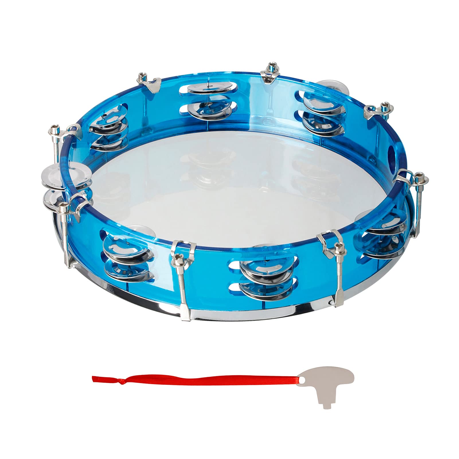 Funien 10 Inch Hand Held Tambourine Double Row Tambourine Drum Set Percussion Instrument Musical Educational Instrument for Church Performance Adults with Tuning Key Blue - Image 4