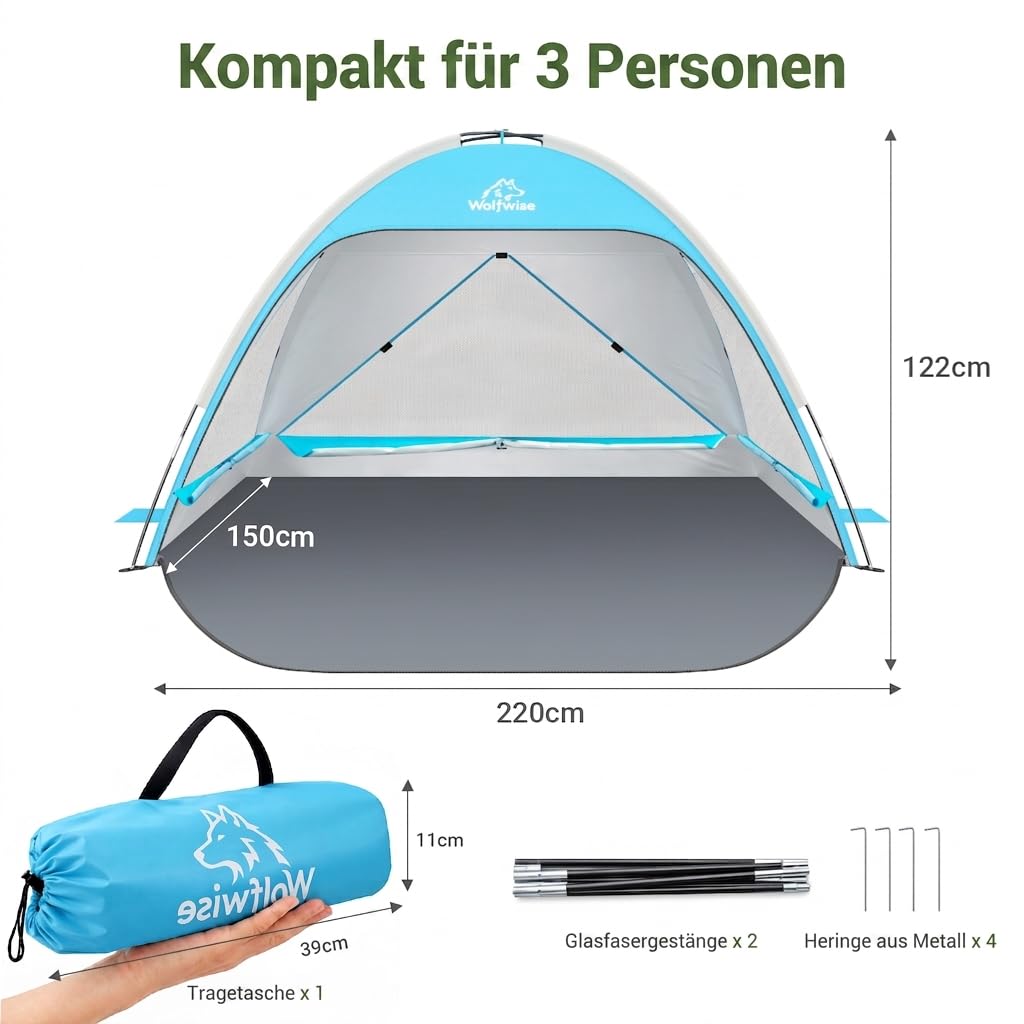 Wolfwise Strandmuschel UV Schutz, 3 Belüftungsfenster & Tragetasche, Strand Zelt mit erweiterbarem Boden für Privatsphäre, 3 Personen, 220x150x122cm(87 ''x59''x48''), Blau