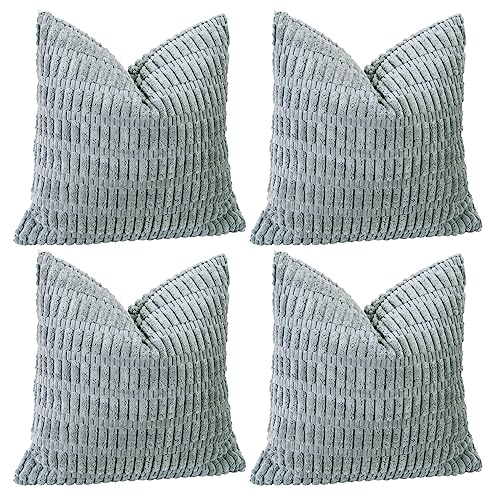 Image of Sungeek Set of 4 Soft Corduroy Decorative Cushion Covers 60x60cm Square Striped Throw Pillow Covers 24x24 Inch for Sofa Couch Living Room Patio Farmhouse Boho Home Decor Pillowcases (Grey)