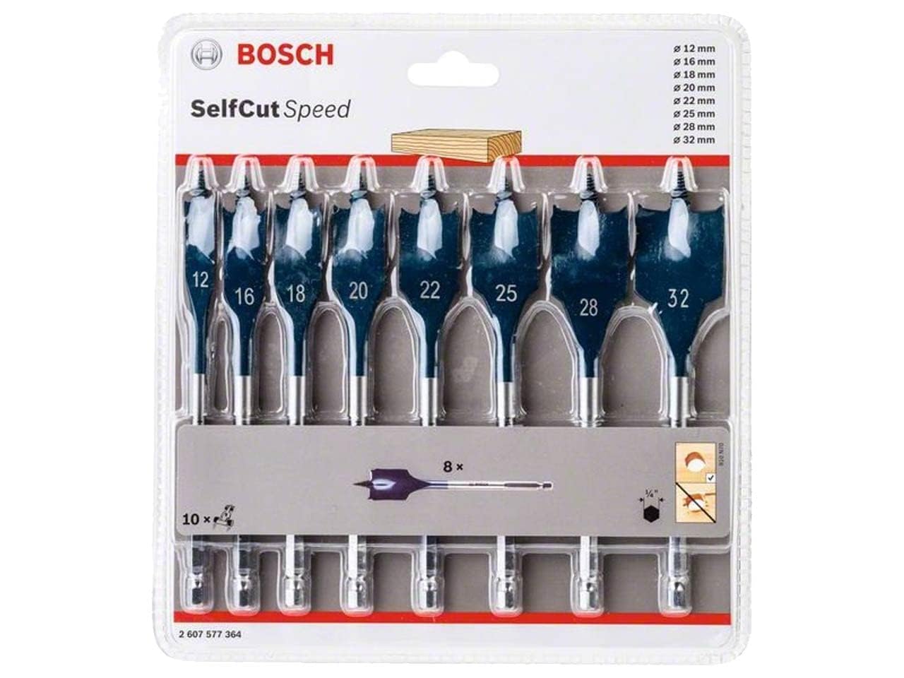 Bosch Professional 2607577364 SelfCut Speed Flat Wood Spade Drill Bit Set 8pc, Blue/Polished Steel