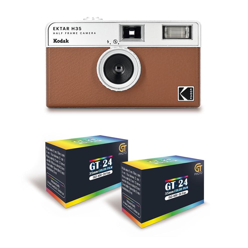 KODAK EKTAR H35 - Caméra Vidéo Demi-Format 35mm Réutilisable, sans Mise au Point, Légère, Facile à Utiliser - Marron + 2 Pellicules 35mm Couleur 24 Expositions