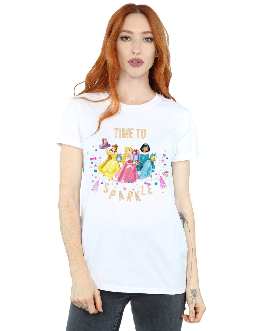 Absolute Cult Women's White Disney Princess Time To Sparkle Boyfriend Fit T-Shirt XXXX-Large