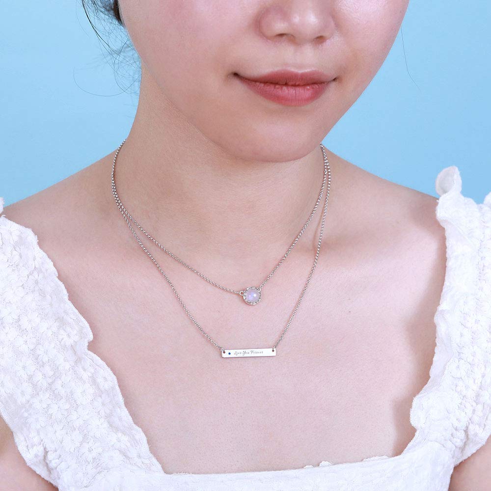 Collar de barra minimalista de doble capa con piedra lunar, chapado en platino/oro/oro rosa, plata de ley 925 para mujer