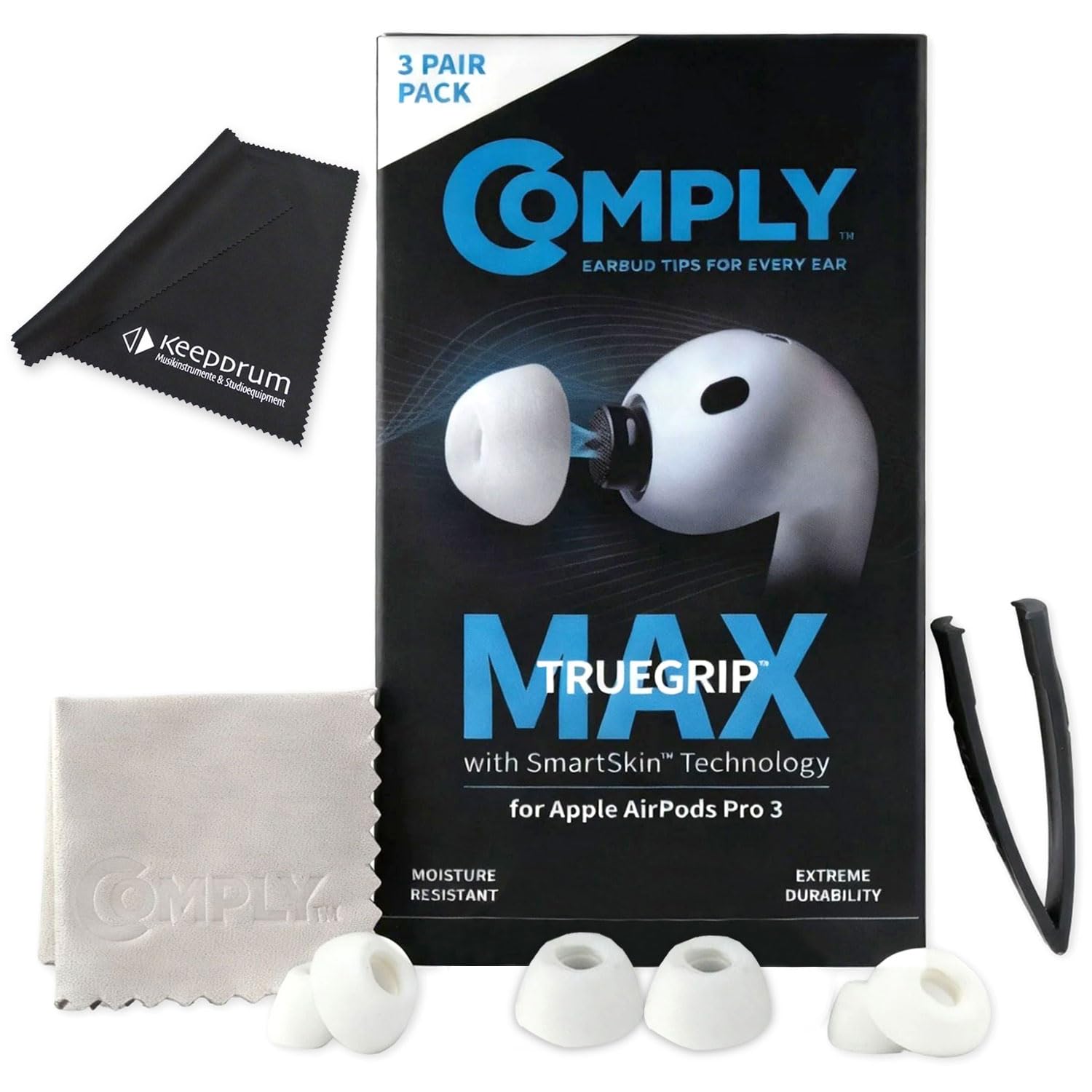Comply TrueGrip MAX zatyczki do uszu do Pods Pro 3, białe, różne rozmiary, z chusteczką keepdrum
