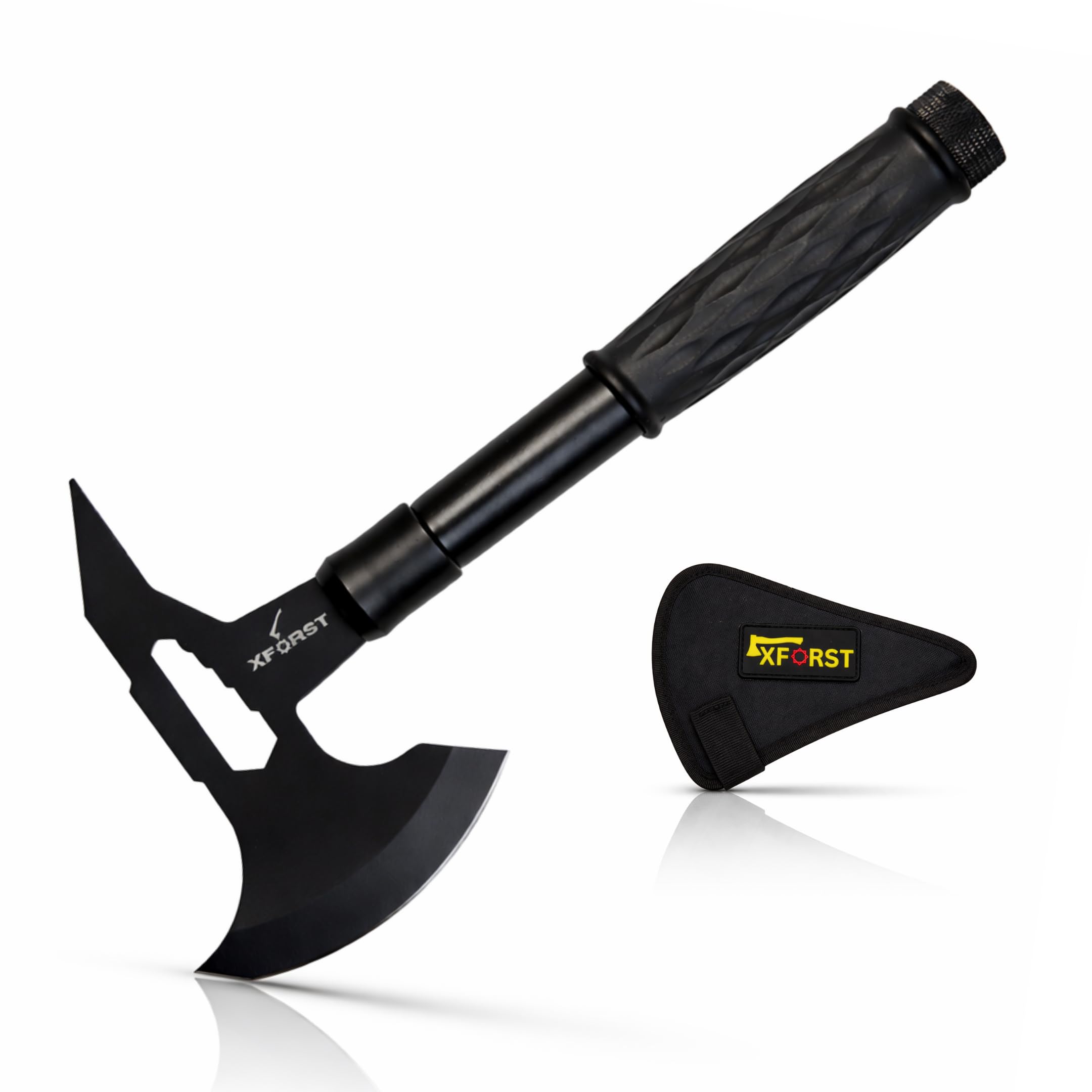 Xforst Hacha de Supervivencia Compacta para Camping, Bushcraft y Exterior, Hoja de Acero al Carbono, Mango Antideslizante con Compartimento, Funda Protectora Incluida, 32 cm y 615 g, X-TM1