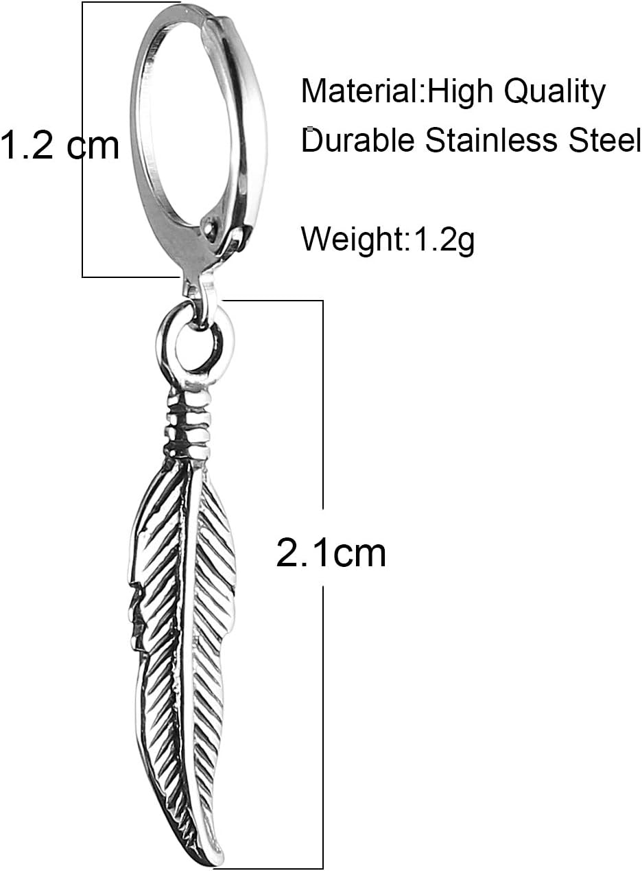 HZMAN Bike Punk Stainless Steel Feather Design Hoop Earrings, Christmas Thanksgiving New Year Wedding Gift (Feather Design Silver) - Image 3