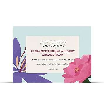 Juicy Chemistry Ultra-Moisturising & Luxurious Organic Soaps, Damask Rose & Saffron (100 g (Pack of 1) | For Skin Brightening | Cold-processed, handmade, vegan face and body soaps - image, photos