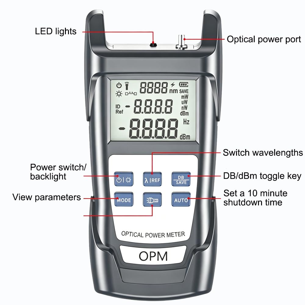 Testeur Câble Optique Portable, Photomètre Fibre Optique FTTH pour FC/SC/ST Interface universelle, 10 Longueurs d'onde testées, -70 dBm à +10 dBm