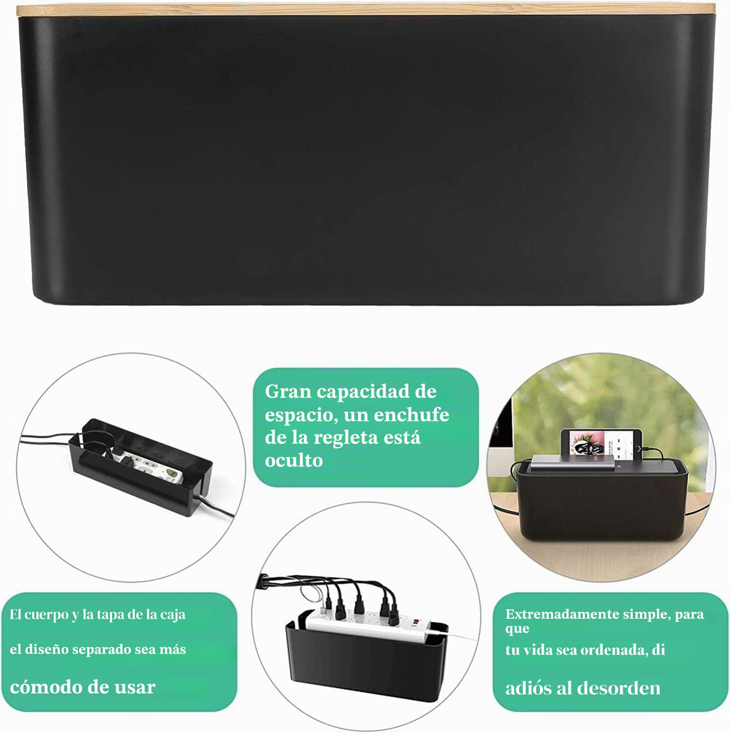 ASelected Pack de 3 Caja Organizadora Cables con Tapa de Madera, Organizador Cables Escritorio, Cajas para Cable Grande Mediana Pequeña, Caja Oculta Regletas con Bridas y Adhesivos