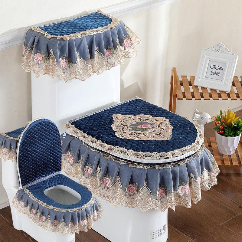 Toilet Lid Cover Set,3PCS/set Velvet Toilet Pads Toilet Lid & Tank Covers Lace Cloth Toilet Seat Cover Pads Lace Toilet Lid Covers(Blauw)(Roze)