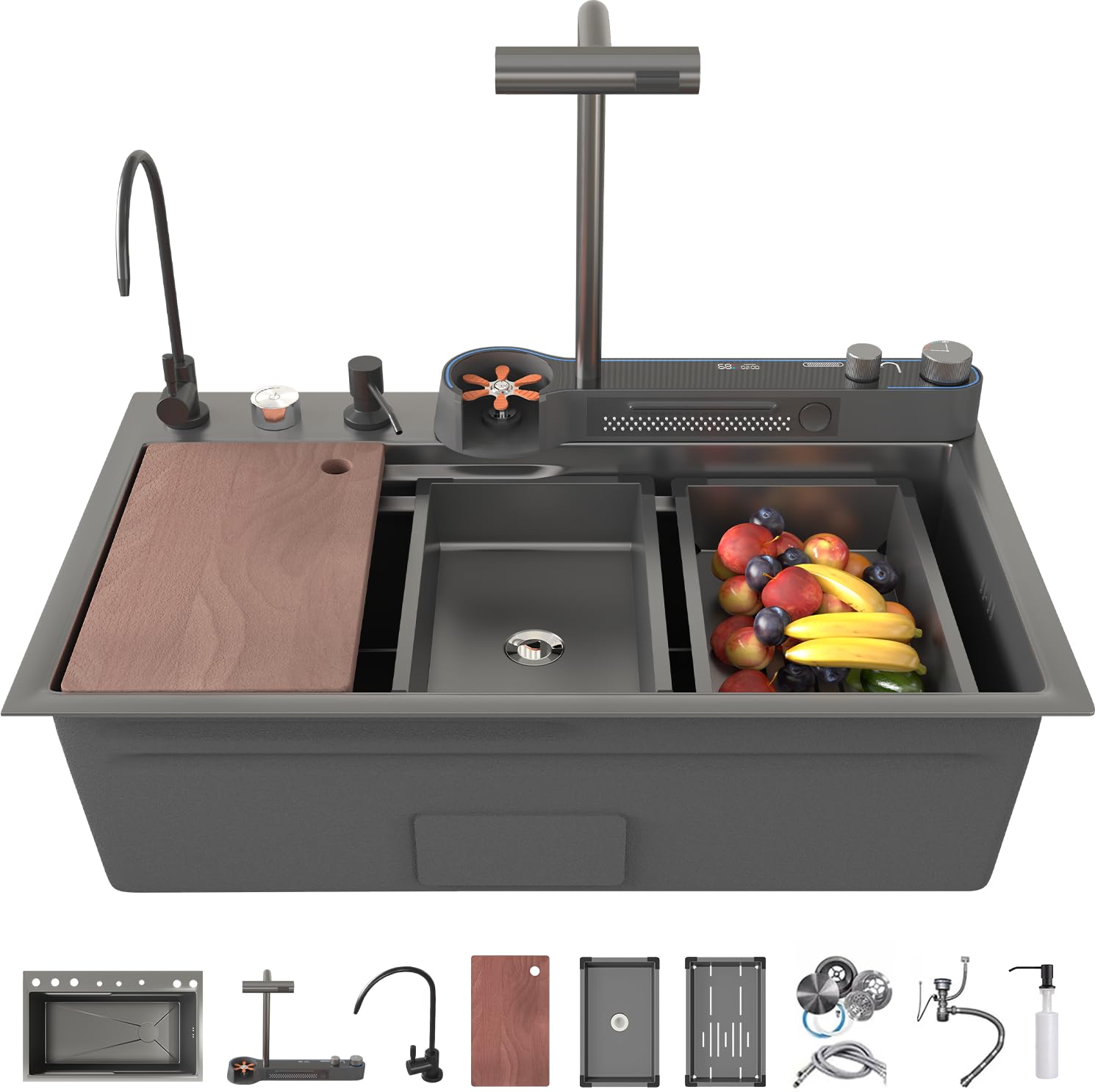 Photo 1 of 33x22x10 In Black Smart Kitchen Sink Digital Display Ambient Light Multifunction Waterfall Kitchen Sinks 8 Gauge Metal Black Stainless Steel Single Bowl Workstation Sink With Soap Dispenser