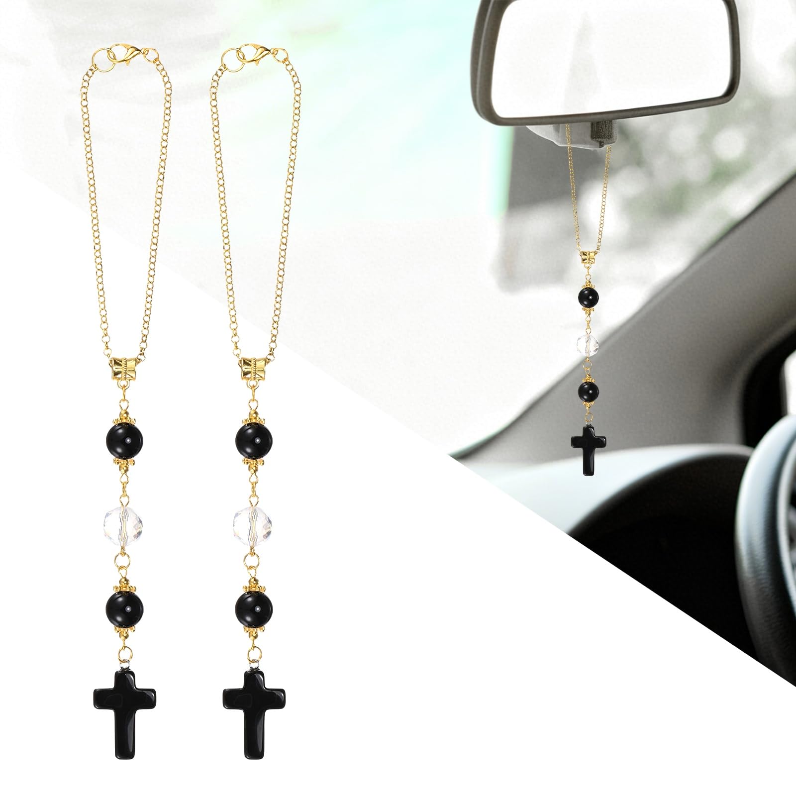 M METERXITY 2-Pack Crystal Cross for Car Mirror Hanging Sun Catcher Rearview Mirror Pendant Cross Crystal Decoration Charm for Car/Home/Christian/Party 8.7 Inch[Black]