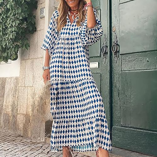 Boho Maxi Dresses for Women Floral Half Sleeve Long Dress Casual Loose Fit Geometric V Neck Tiered Flowy Dress3